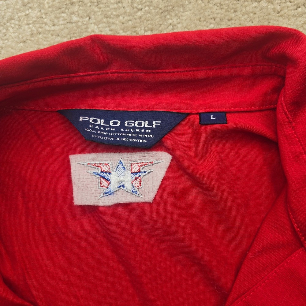 Polo Golf Ralph Lauren Red Mens L Short Sleeve Polo Shirt‎ USA Flag Embroidered - Picture 2 of 9
